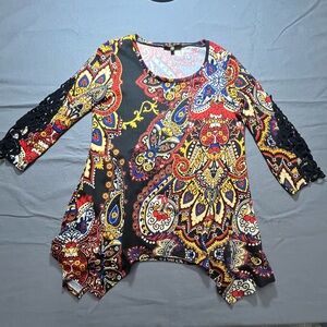 Melissa Paige Black Paisley Handkerchief Hem Tunic with Lace Sleeves